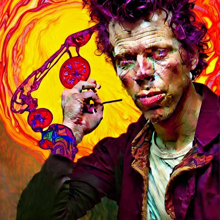 Image similar to bright psychedelic portrait of tom waits baking pizza, diffuse lighting, fantasy, intricate, elegant, highly detailed, lifelike, photorealistic, digital painting, artstation, illustration, concept art, smooth, sharp focus, art by John Collier and Albert Aublet and Krenz Cushart and Artem Demura and Alphonse Mucha