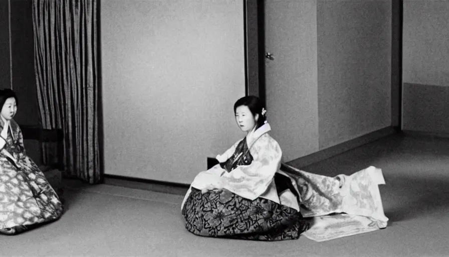 Image similar to a filmstill of a woman in a hanbok sitting on a couch, traditional korean interior, kaiju starfish shadow behind a screen door, cinematography by Akira Kurosawa