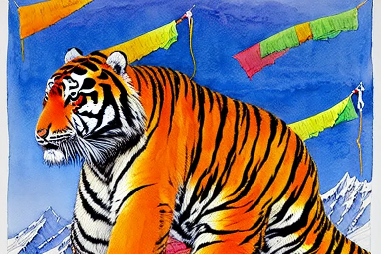 Prompt: a hyperrealist watercolour character concept art portrait of tibetan style tiger in the himalayans. prayer flags adorned. neon flowers. by rebecca guay, michael kaluta, charles vess and jean moebius giraud