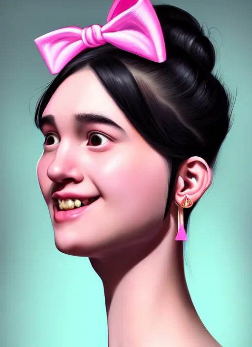 Image similar to portrait of high school girl, realistic, black hair, bangs, half updo hairstyle, pointy nose, skinny, smile, ugly, defined jawline, big chin, pink hair bow, earrings, intricate, elegant, glowing lights, highly detailed, digital painting, artstation, sharp focus, illustration, art by wlop, mars ravelo and greg rutkowski