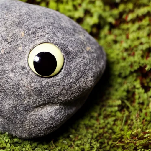 Prompt: a small rock with goggly eyes, focus, image of object