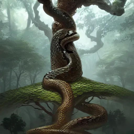 Prompt: a tree formed as a snake, with leaves eyes and a leave tongue, by greg rutkowski, magic the gathering, highly detailed, matte painting, trending on artstation