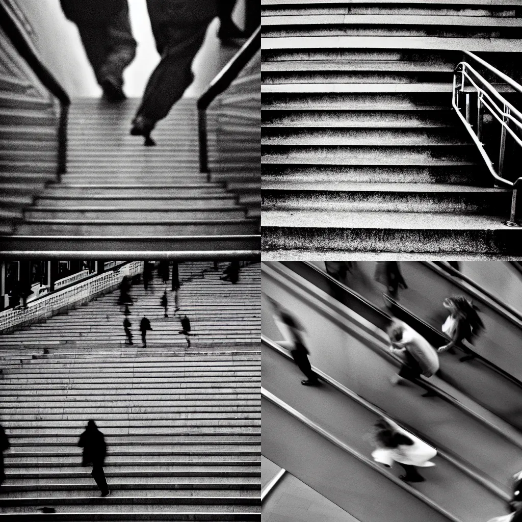 Prompt: hundred of people walking up stairs by richard avedon. street photography. black and white. ilford delta. long exposure. motion blur. film grain. contrast.