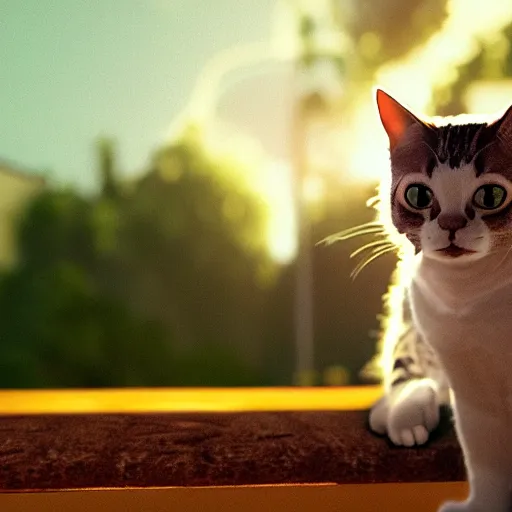 Image similar to lil bub the cat, splash art, movie still, cinematic lighting, dramatic, octane render, long lens, shallow depth of field, bokeh, anamorphic lens flare, 8k, hyper detailed, 35mm film grain