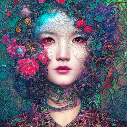 Prompt: portrait of park min young, hyper detailed masterpiece, neon floral pattern, jean giraud, digital art painting, darkwave goth aesthetic, psychedelic, artgerm, donato giancola and tom bagshaw