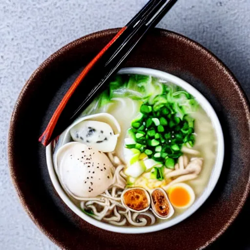 Image similar to A top view of a tonkotsu ramen next to a window on a rainy day