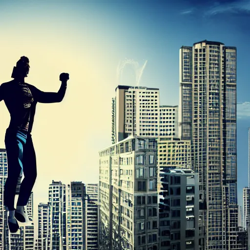 Prompt: man with superpowers lifting a building, sideways building, 4 k detailed picture