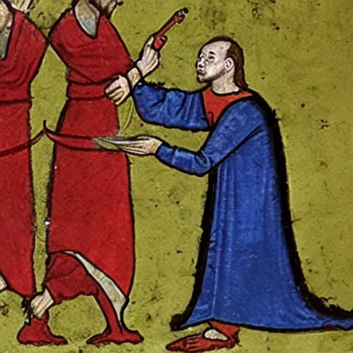 Image similar to medieval painting of tom scott choking on a vape