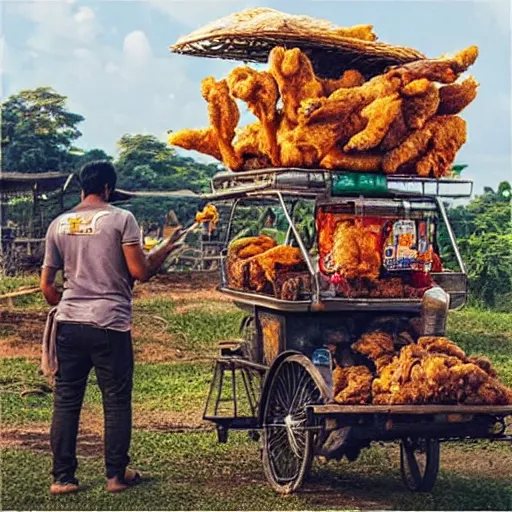 Image similar to “ an elephant selling fried chicken wings and sticky rice with a motorcycle cart in rural thailand. masterpiece. trending on artstation ”