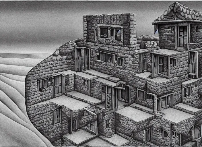 Prompt: a house in a desert landscape, painting by mc escher, very detailed, illusion, surreal!!!, trending on artstation, beautiful art