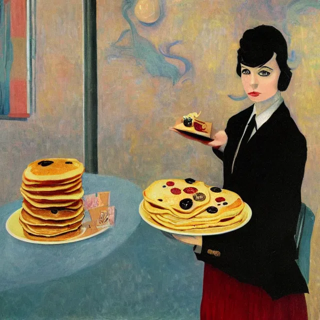 Image similar to tall emo female artist holding pancakes, in chippendale sydney, maple syrup, gold bullion, berries, pigs, octopus, acrylic on canvas, surrealist, by magritte and monet