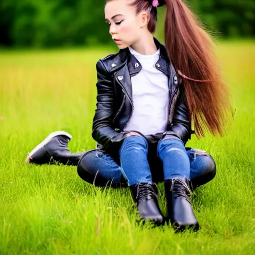 Prompt: young girl lies on a meadow, she has two ponytails and wears leather jacket, jeans and knee high black boots, sharp focus, photo taken by nikon, 4 k,