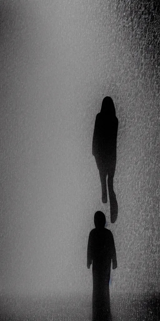 Prompt: Rain pouring down on a shadow figure