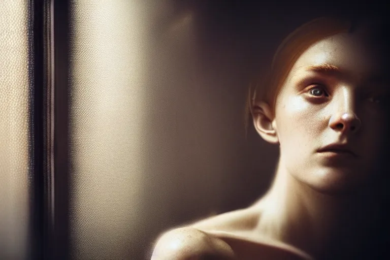 Image similar to an ultra realistic, cinematic, close up portrait, of a young woman, looking in the window, fire, dramatic, soft light, dreamy, facial features, stood in a cell, wearing prison clothing, detailed, deep focus, movie still, dramatic lighting, ray tracing, by michal karcz and yoshitaka