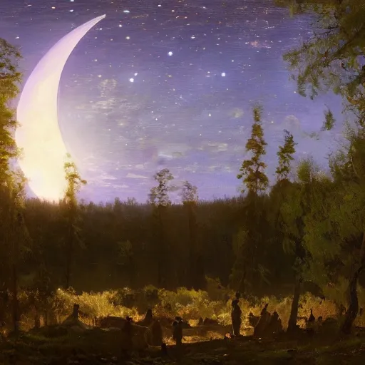 Prompt: close-up, cinematic, the giant crescent Moon in the sky, above the night forest, soft lighting, oil on canvas, by Perov, by Levitan, masterpiece, trending on artstation, cinematic composition, beautiful lighting, sharp, details, hyper-detailed, HD