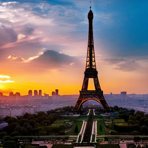 Image similar to flying dragon over the eiffel tower, paris, sunset