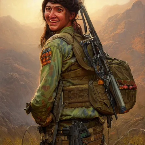 Image similar to a portrait of a happy Kurdish YPJ soldier, detailed, centered, digital painting, artstation, concept art, donato giancola, Joseph Christian Leyendecker, WLOP, Boris Vallejo, Breathtaking, 8k resolution, extremely detailed, beautiful, establishing shot, artistic, hyperrealistic, beautiful face, octane render