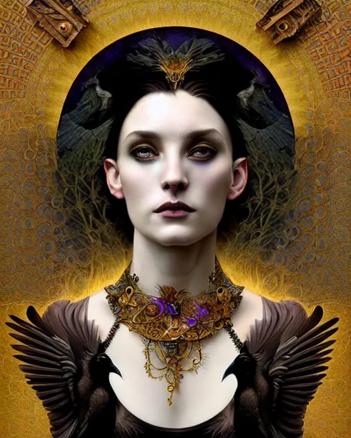 Prompt: goddess of ravens, unusual beauty, emotionally evoking symbolic metaphors, head in focus, fantasy, ornamental, intricate, elegant, sensual, highly detailed digital painting, artstation, concept art, painterly, golden ratio, sharp focus, illustration, art by John Collier and Krenz Cushart and Artem Demura and Rafael and Alphonse Mucha and Albert Aublet