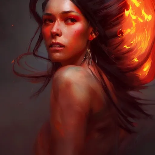 Image similar to a beautiful portrait of a flame goddess by by Greg Rutkowski and Raymond Swanland, Trending on Artstation, Flaming Background, ultra realistic digital art