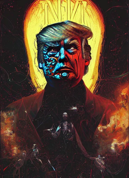 Prompt: donald trump as the villain, slasher film, grotesque, horror, high details, intricate details, by vincent di fate, artgerm julie bell beeple, 80s, inking, vintage 80s print, screen print