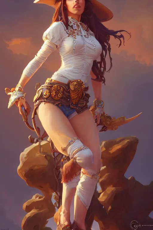 Image similar to beautiful female cowgirl, full body shot, d & d, fantasy, intricate, elegant, highly detailed, digital painting, artstation, concept art, matte, sharp focus, illustration, hearthstone, art by artgerm and greg rutkowski and alphonse mucha