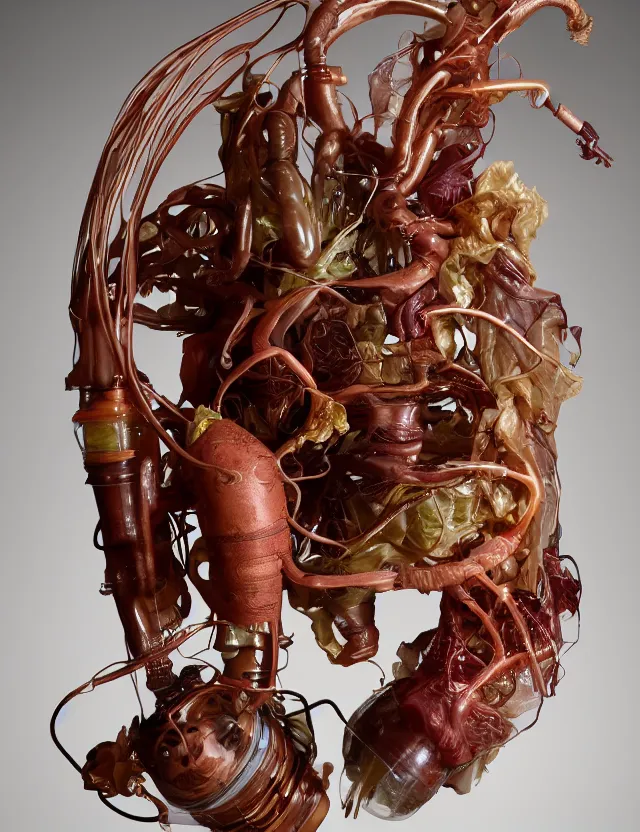 Prompt: a well - lit studio photograph of various earth - toned plastic translucent artificial hearts and organs, some wrinkled resembling reddish brown plastic cabbage, some long, various sizes, textures, and transparencies, beautiful, smooth, layered detailed, intricate art nouveau internal anatomy model, encased in clear plastic