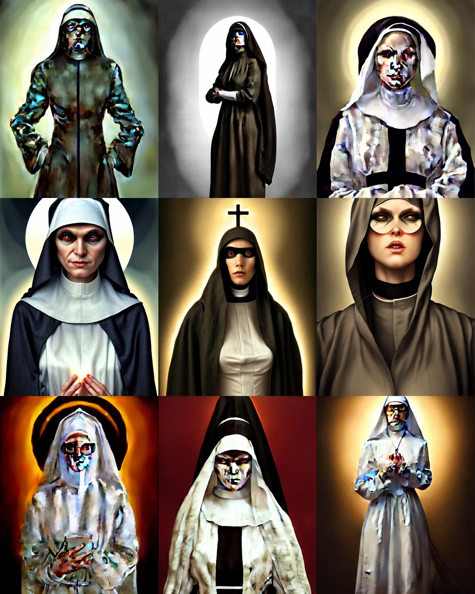 Prompt: cyber nun in linen outfit, digital illustration portrait, art by mark brooks and brad kunkle detailed, gorgeous lighting, wide angle action dynamic portrait