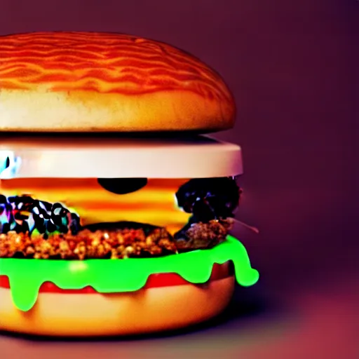 Image similar to a cat / burger hybrid, with fries, volumetric lighting, 4 k