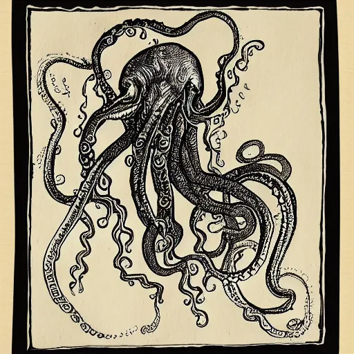 Image similar to a pen and ink drawing of an ancient map with tentacles of a sea creature reaching in from the corner