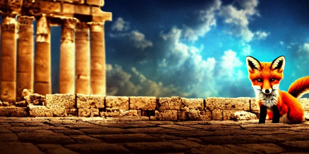 Image similar to A beautiful small fox in the huge ruins of the second temple in Jerusalem :: Dreamy sky :: The third temple hovers quietly in the sky above :: Very colorful painting 8k trending on art station :: Intricate details, very realistic, cinematic lighting, volumetric lighting, photographic blur bokeh defocus dof sky