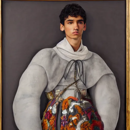 Image similar to a beautiful young mexican male wearing alexander mcqueen, painted by michelangelo