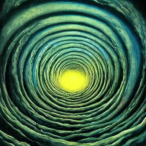 Image similar to An endless spiral, forming an optical illusion of crushing worlds - award-winning digital artwork by Salvador Dali, Beksiński, Van Gogh and Monet. Stunning lighting