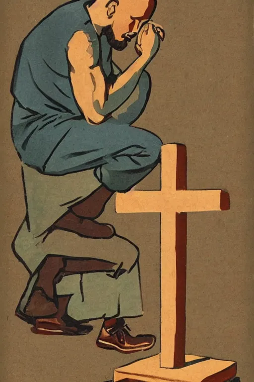 Image similar to man kneeling at the base of a wooden cross, 1960’s advertising art illustration