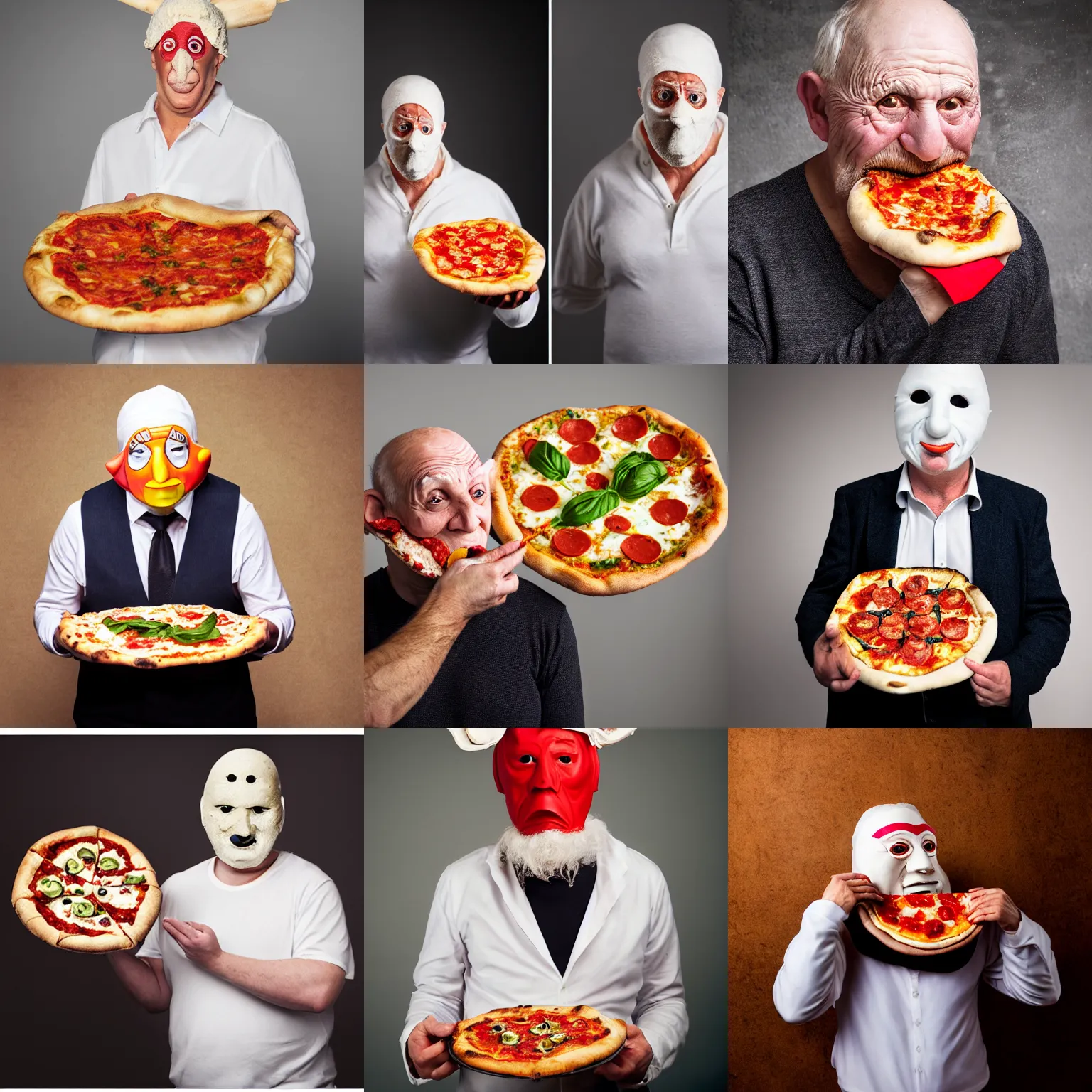 Prompt: portrait photo of pale wrinkled man, with pulcinella mask, holding a pizza margherita, studio photography, diffuse light, full body, sharp focus, clear eyes, photo by annie leibovitz