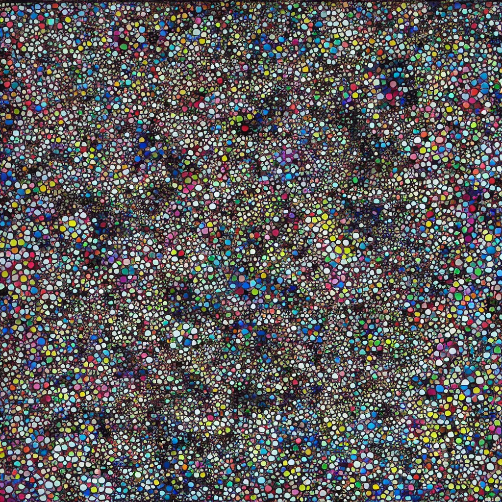 Image similar to camouflage made of love, style of takashi murakami, abstract, rei kawakubo artwork, cryptic, dots, stipple, lines, splotch, color tearing, pitch bending, color splotches, dark, ominous, eerie, minimal, points, technical, old painting