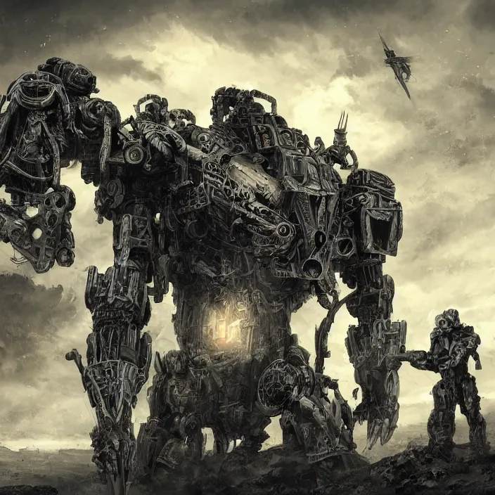 Image similar to human next to mech - warrior, hyper - detailed, sharp focus, 4 k ultra hd, fantasy dark art, apocalyptic art