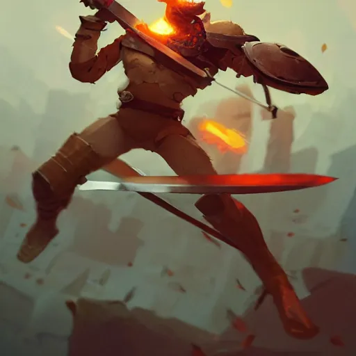 Image similar to a slice of toasted bread with a face, arms and legs, holding a sword and shield, volumetric lighting, dynamic composition, fantasy, hyper detailed, ultra realistic, sharp focus, octane render, concept art by sachin teng and sergey kolesov and ruan jia and heng z