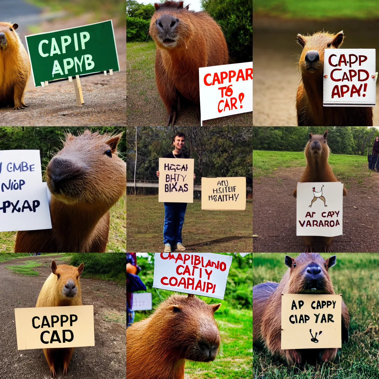 Image similar to realistic high quality photo of a capybara holding a sign with text that reads : capybara