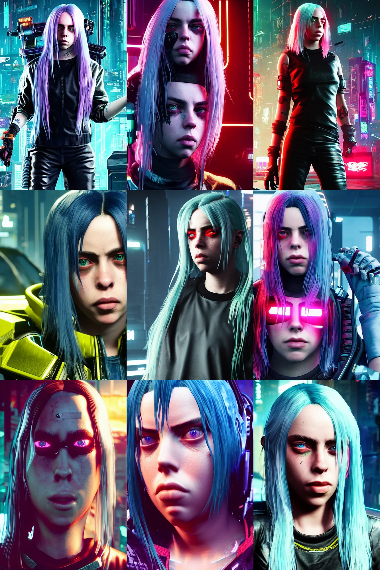 Prompt: Billie Eilish in Cyberpunk 2077. In game render