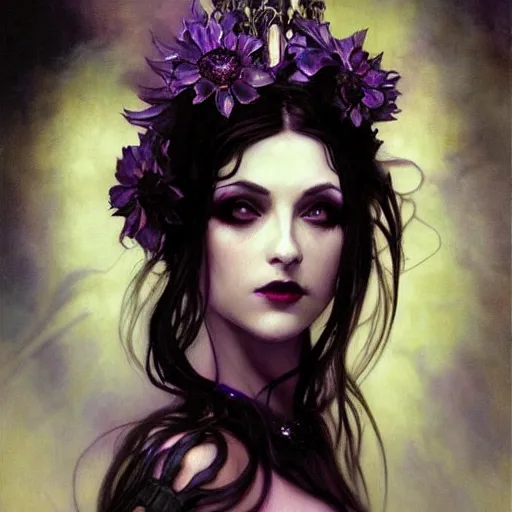 Prompt: dark goth queen with purple eyes, by jeremy mann and alphonse mucha, fantasy art, photo realistic, dynamic lighting, artstation, poster, volumetric lighting, very detailed faces, purple eyes, 4 k, award winning dark, goth, queen, dark fantasy, purple, hyperrealistic portrait, art of elysium, full figure, very detailed face,