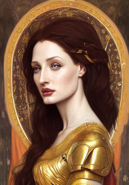 Prompt: sansa angeline jolie gessica chastain mummy cleopatra gold blood, intricate, elegant, highly detailed, digital painting, artstation, concept art, smooth, sharp focus, illustration, art by artgerm and greg rutkowski and alphonse mucha and william - adolphe bouguereau