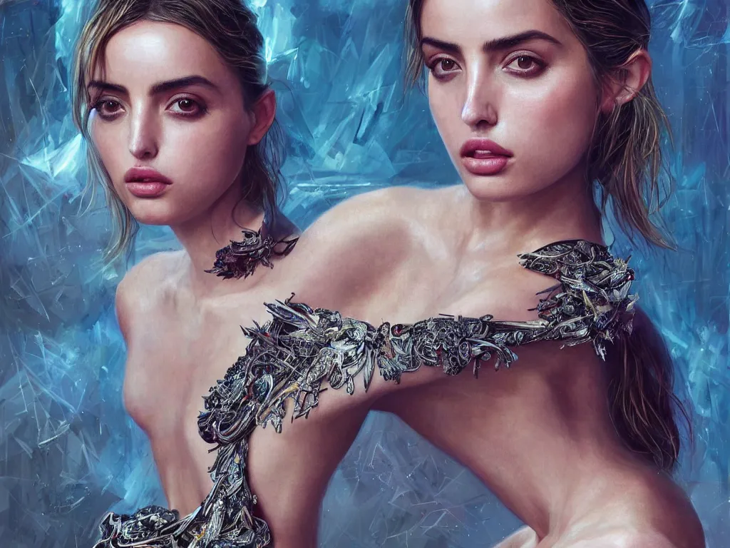 Image similar to !dream Ana de Armas wearing epic haute couture by Alexander McQueen, extremely beautiful and proportionate face, in the aesthetic of mert and marcus, masterpiece, intricate, elegant wardrobe, highly detailed, digital painting, artstation, concept art, crepuscular rays, smooth, sharp focus, illustration, neon cyberpunk colors, art by artgerm and james jean and greg rutkowski and alphonse mucha