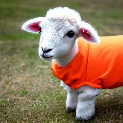 Prompt: cute lamb wearing orange inmate clothes