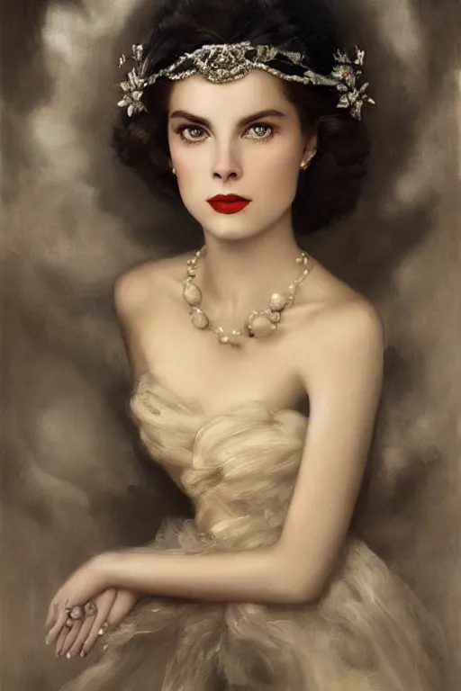 Prompt: a young and extremely beautiful grace kelly infected by night by tom bagshaw in the style of a modern gaston bussiere, art nouveau, art deco, surrealism. extremely lush detail. melancholic scene infected by night. perfect composition and lighting. profoundly surreal. high - contrast lush surrealistic photorealism. sultry and mischievous expression on her face.