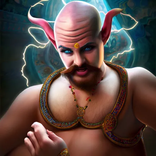 Image similar to all powerful genie, a god, god, ecstatic, infinite power, manic, perfect eyes, full body shot, magical being, magic, portrait, noble, transformation, vivid colors, elegant, concept art, sharp focus, digital art, Hyper-realistic, 4K, Unreal Engine, Highly Detailed, HD, Dramatic Lighting by Brom, trending on Artstation