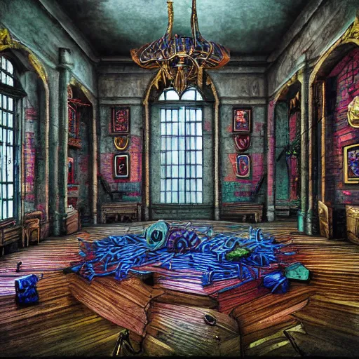 Image similar to eldritch legislature, fantasy illustration, realistic colorful photography, interior, hyperrealism