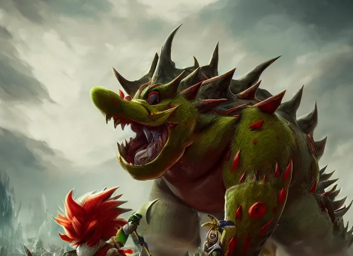 Prompt: detailed concept art of a huge giant bowser by cheng yi and luolin, aartstation, artstationhd, detailed scales, spiky and red hair tuft green scales. bowser, bowser nintendo, koopa, ~ bowser # bowser ( ( mario ) ) bcy. net, realistic. cheng yi, fire breathing. bowser