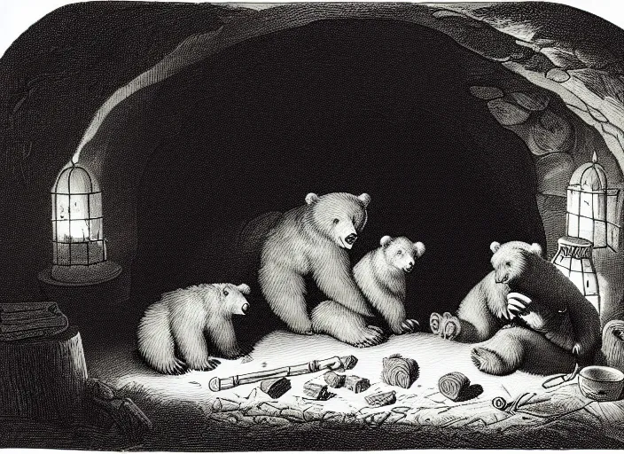 Prompt: Pieter Claesz's 'a bear and her cubs sleeping in a dark cave, lit by campfire', night time, cross hatching, framed, monochrome