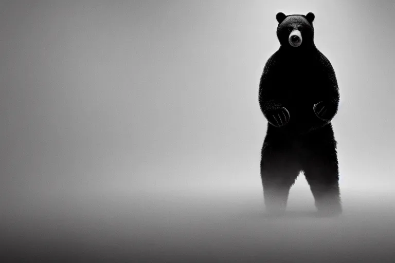 Prompt: a cinematic portrait of a giant bear dressed in a a black and white striped clothing, in a tiny white prison cell, red colour theme, dust storm, annie leibovitz and zack snyder, 8 k, hd, high resolution, 8 5 mm, f / 1. 8