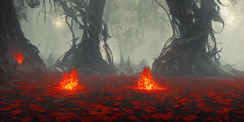 Image similar to a flaming forest, flaming leaves, magma, flame stones are scattered, flame ferns, flame shrubs, huge flame fantasy plant, covered in flame porcelain vine, artstation, by jakub rozalski, greg rutkowski, anthony avon